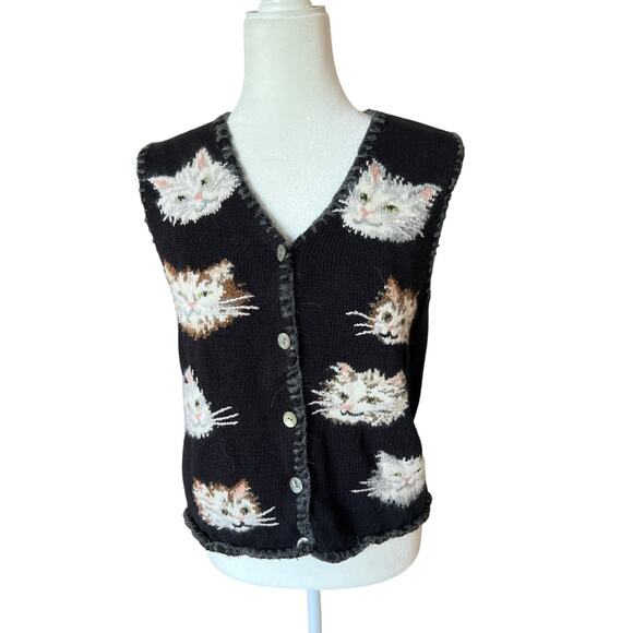 Vintage Northern Isles Cat Face Knitted Sweater Vest Women's S Natural Fibers - Picture 1 of 8